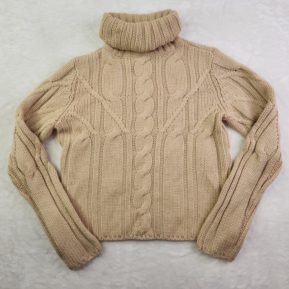 Vintage 90s Chunky Cable Knit Turtleneck Sweater Medium Beige Fisherman Merino